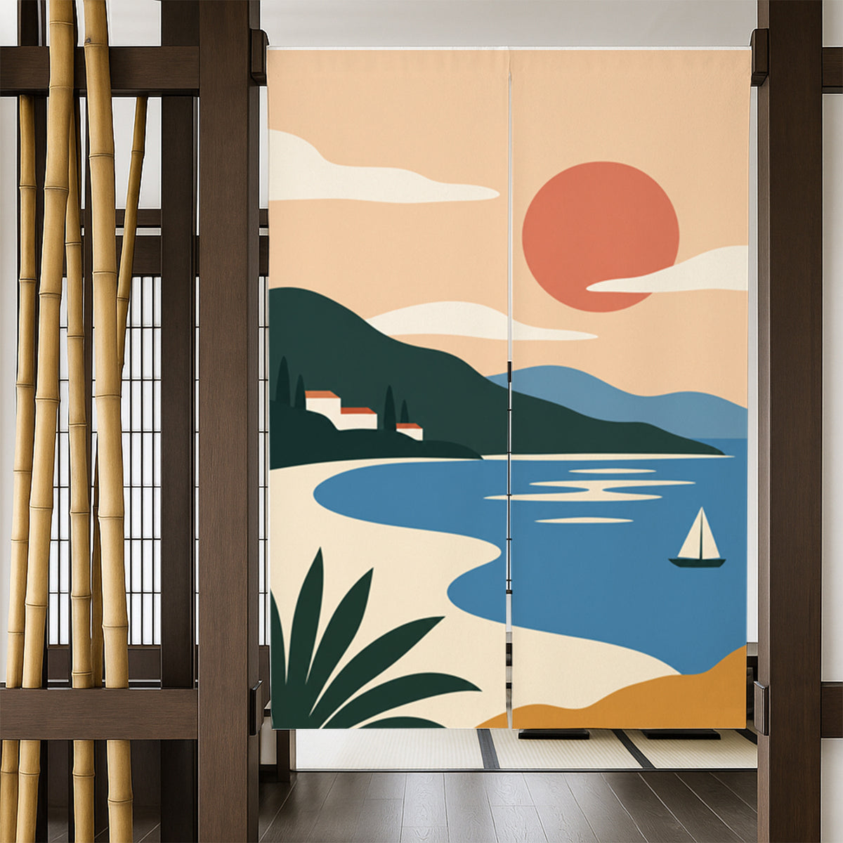 Feblilac Minimal Landscape door curtain in a bedroom by a wardrobe