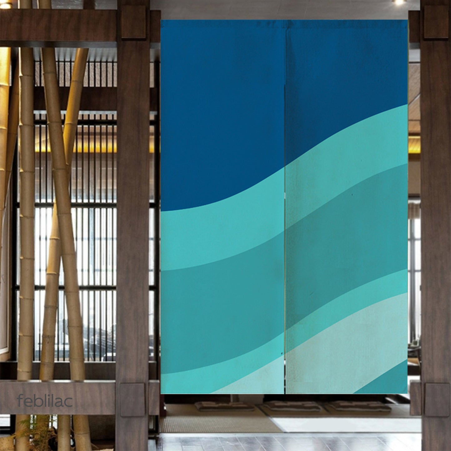 Feblilac Gradient Blue Flowing Waves Door Curtain