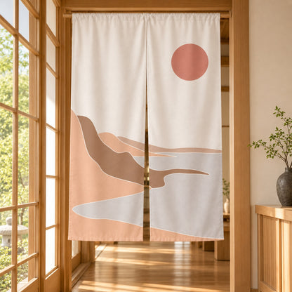 Feblilac Soft Red River door curtain in a bedroom by a wardrobe