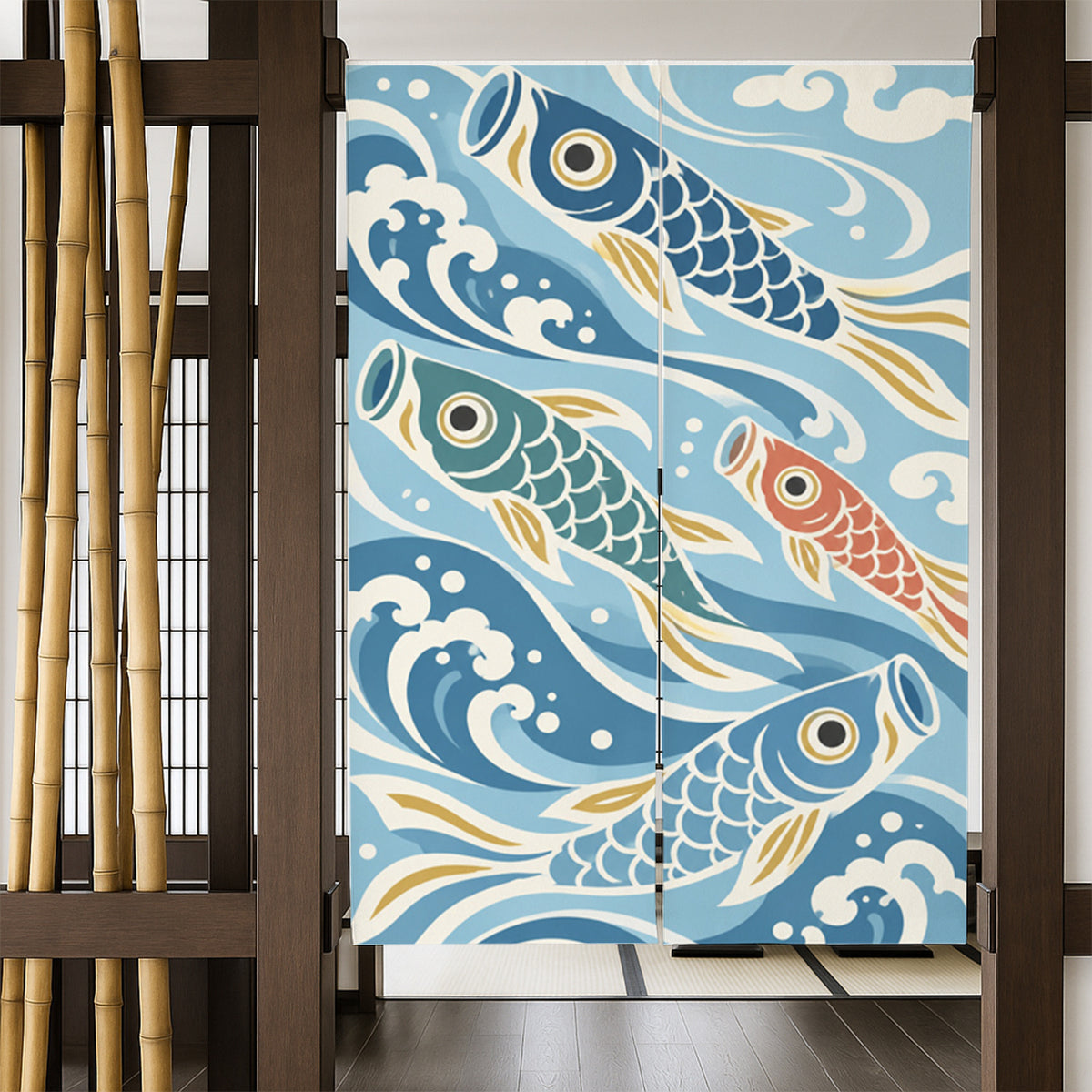 Feblilac Koinobori Carp Streamers door curtain in a bedroom by a wardrobe