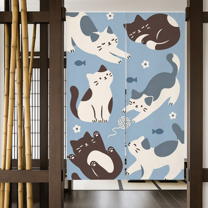 Feblilac Six Cats door curtain in a bedroom by a wardrobe