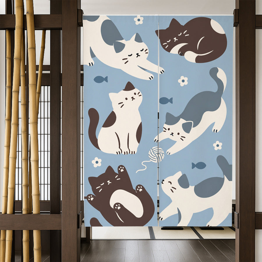 Feblilac Six Cats door curtain in a bedroom by a wardrobe