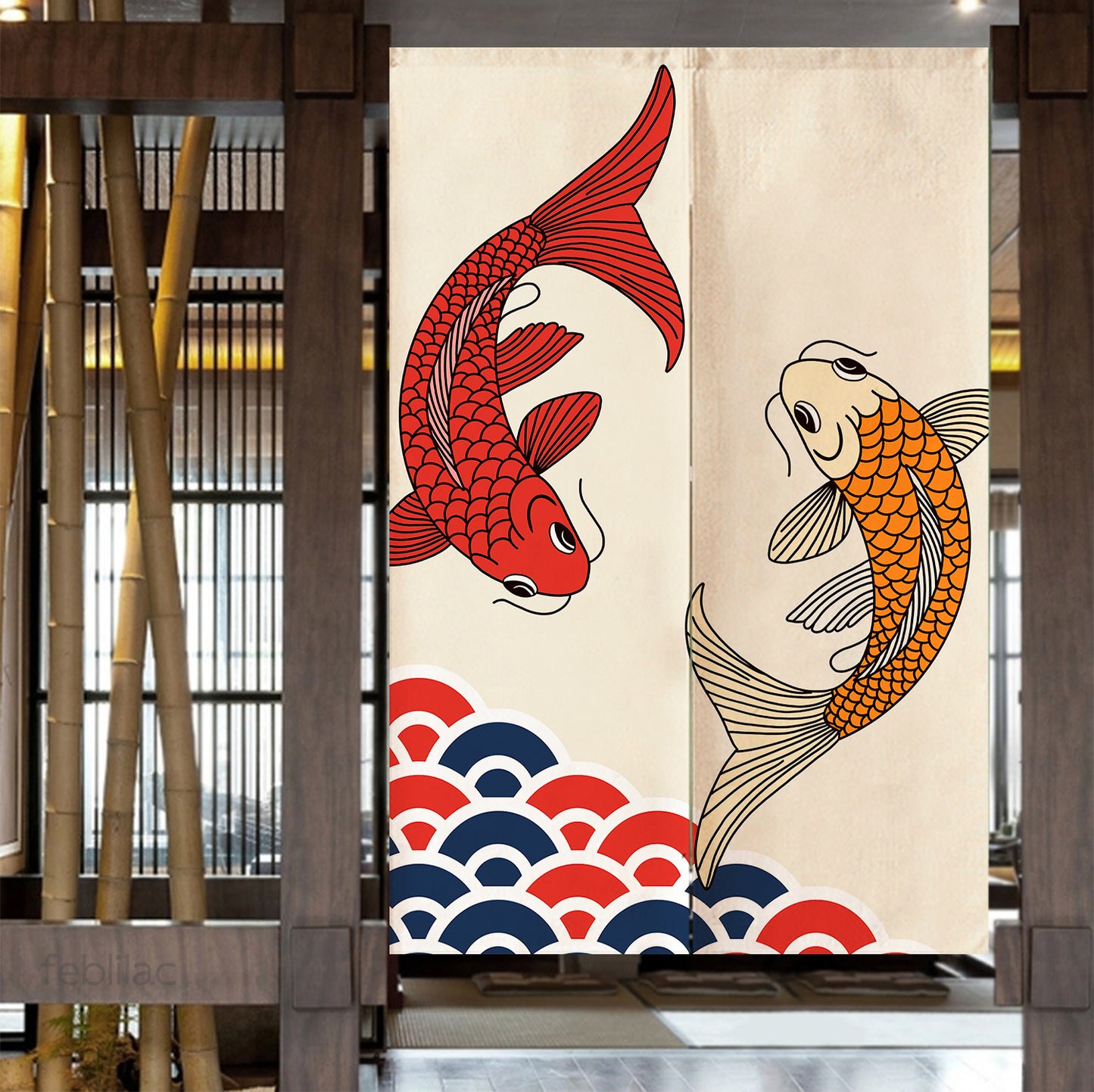 Feblilac Two Koi Carps Door Curtain