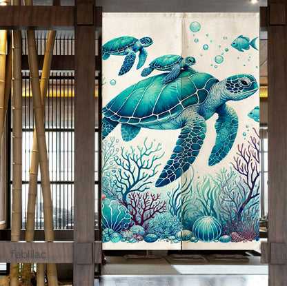 Feblilac Sea Turtle Mother and Child Watercolor Door Curtain