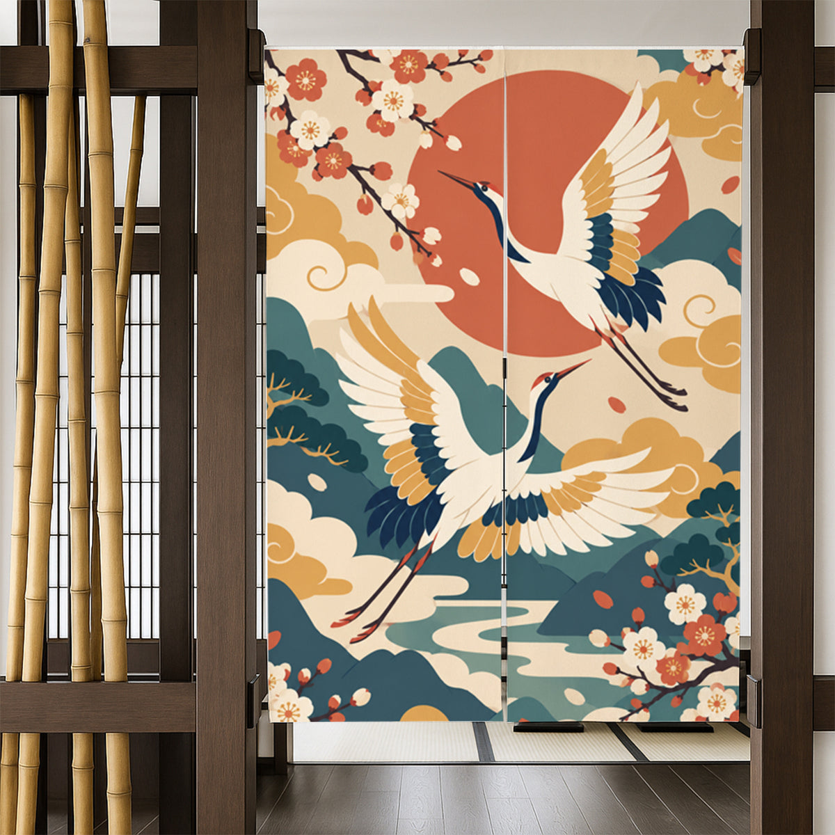 Feblilac Japanese Crane Blossom door curtain in a bedroom by a wardrobe