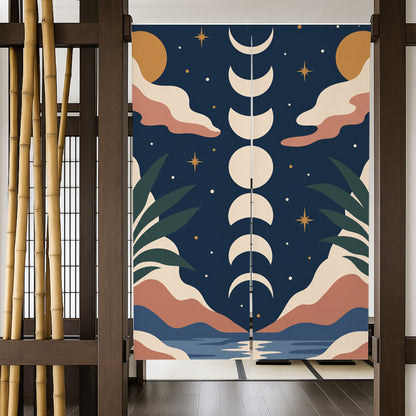 Feblilac Moon Phases door curtain in a bedroom by a wardrobe