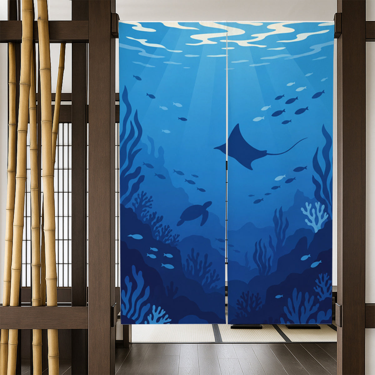 Feblilac Deep Sea Whale door curtain in a bedroom by a wardrobe
