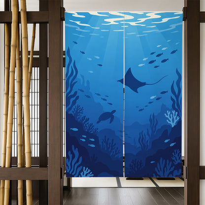 Feblilac Deep Sea Whale door curtain in a bedroom by a wardrobe