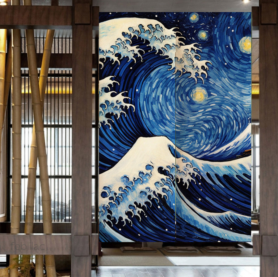 Feblilac Ukiyoe Sea Waves Starry Sky Door Curtain - view 4