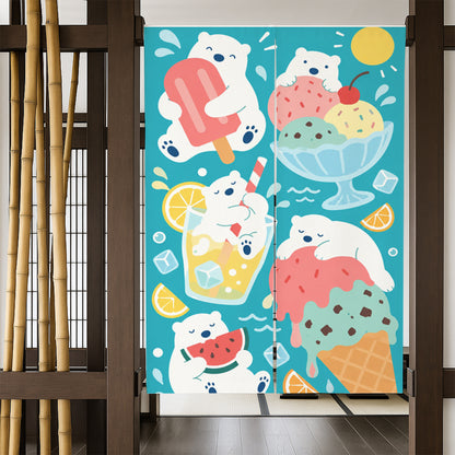 Feblilac Polar Bear Ice Cream door curtain in a bedroom by a wardrobe