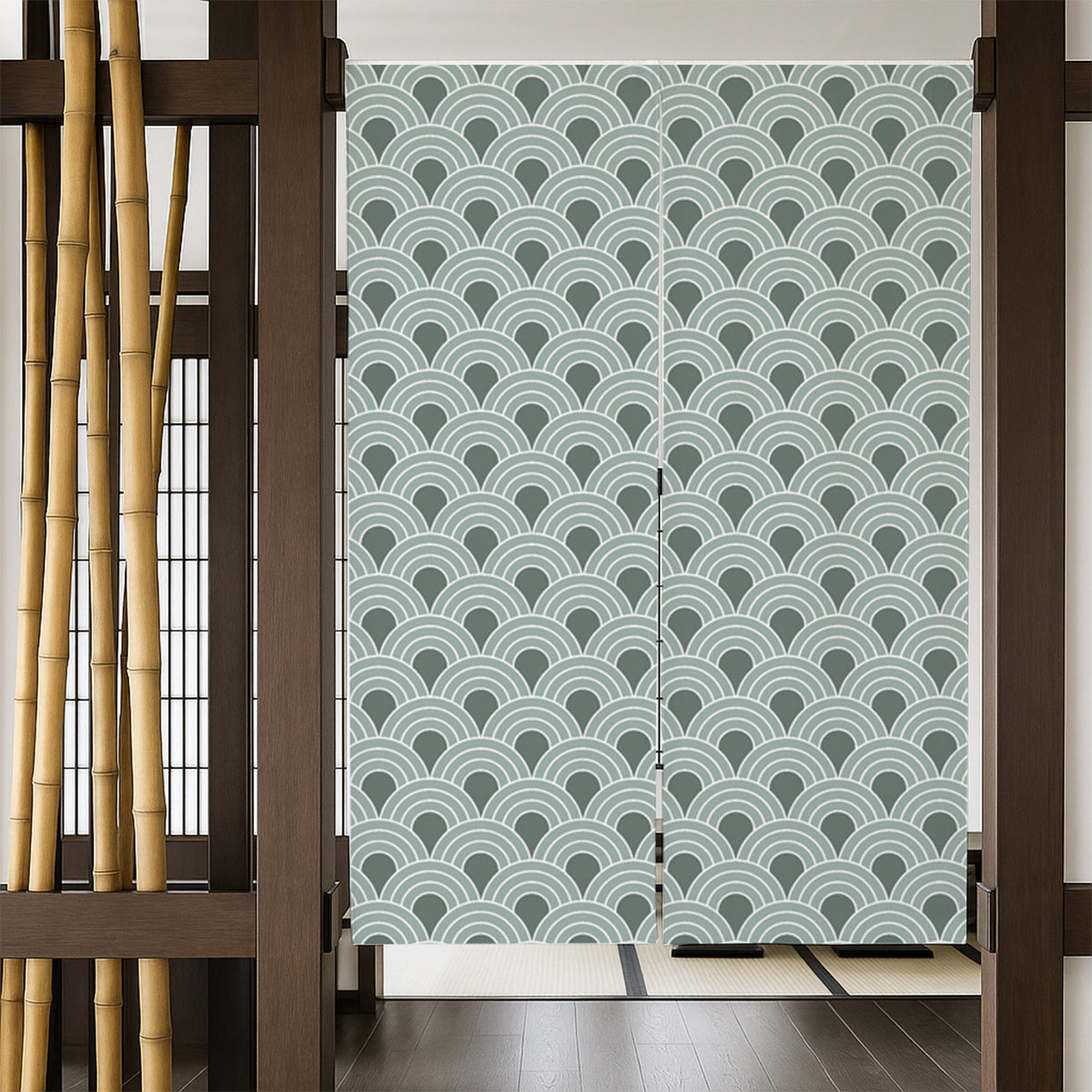 Feblilac Seigaiha Wave Green door curtain in a bedroom by a wardrobe