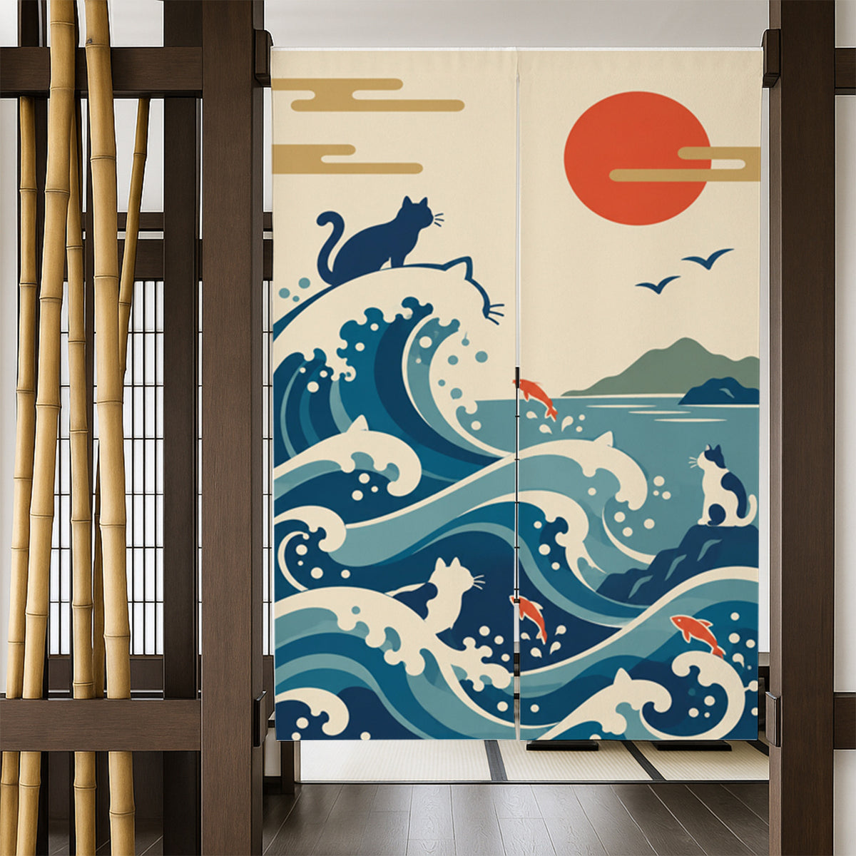 Feblilac Japanese Cat and Waves door curtain in a bedroom by a wardrobe