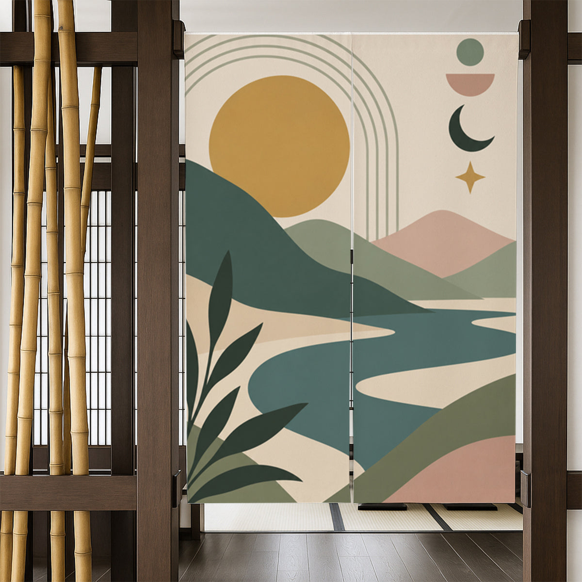 Feblilac Sun Moon Mountain Stream door curtain in a bedroom by a wardrobe