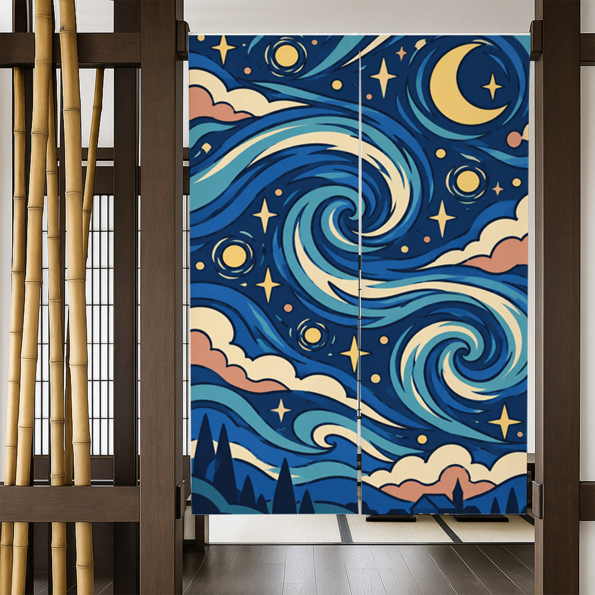 Feblilac Van Gogh Starry Night door curtain in a bedroom by a wardrobe