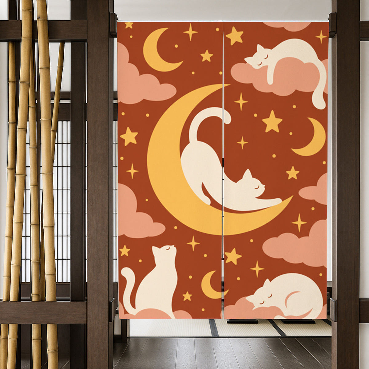 Feblilac White Cat and Moon door curtain in a bedroom by a wardrobe
