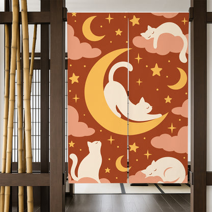 Feblilac White Cat and Moon door curtain in a bedroom by a wardrobe