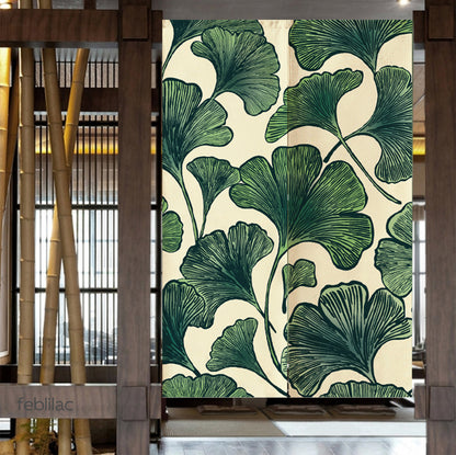 Feblilac Ginkgo Leaf Pattern door curtain in a bedroom by a wardrobe