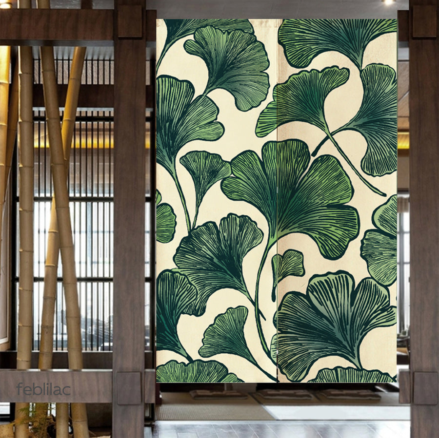 Feblilac Ginkgo Leaf Pattern door curtain in a bedroom by a wardrobe