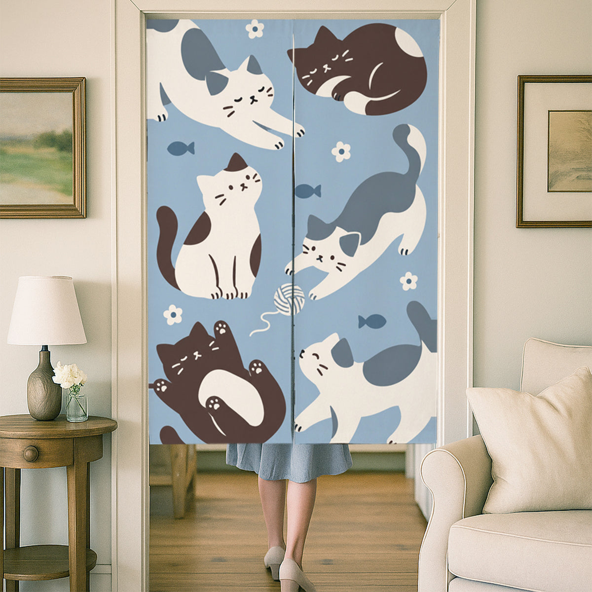 Feblilac Six Cats door curtain at a wooden door frame