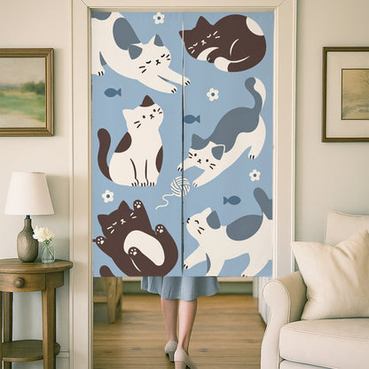 Feblilac Six Cats door curtain at a wooden door frame
