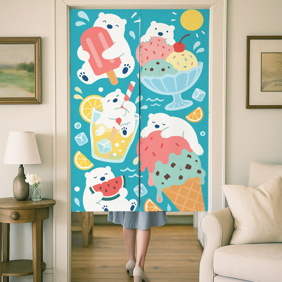 Feblilac Polar Bear Ice Cream door curtain at a wooden door frame