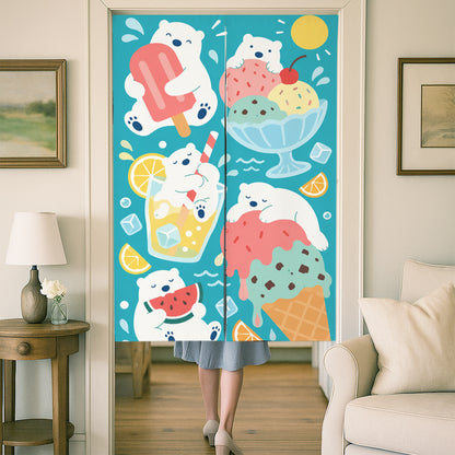Feblilac Polar Bear Ice Cream door curtain at a wooden door frame
