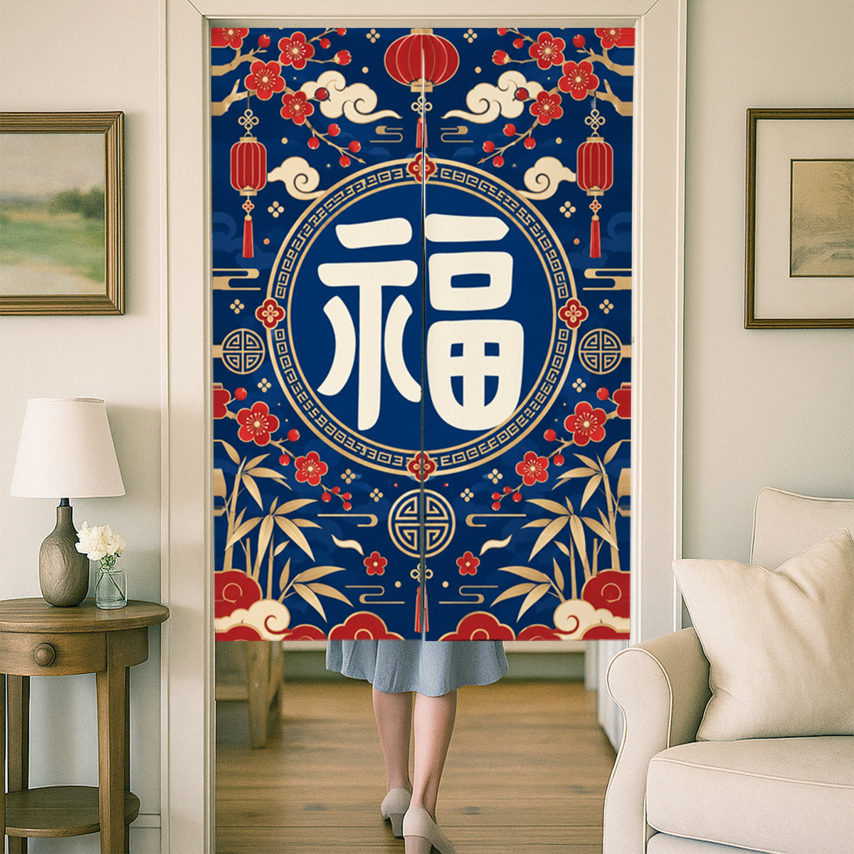 Feblilac Fu Fortune Blossom door curtain at a wooden door frame