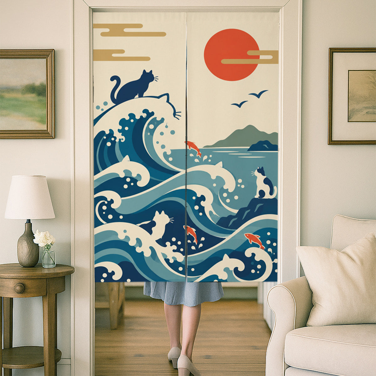 Feblilac Japanese Cat and Waves door curtain at a wooden door frame