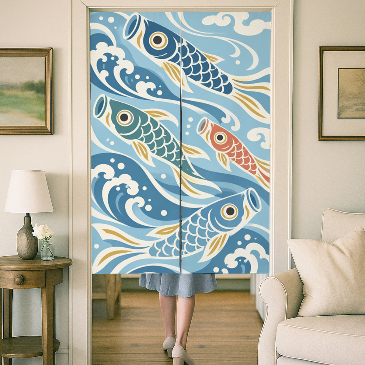 Feblilac Koinobori Carp Streamers door curtain at a wooden door frame