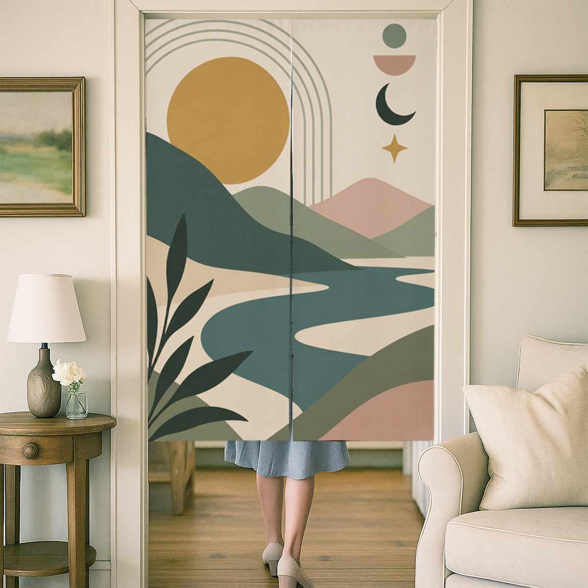 Feblilac Sun Moon Mountain Stream door curtain at a wooden door frame