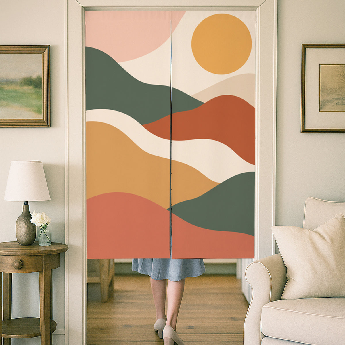 Feblilac Desert Curves door curtain at a wooden door frame