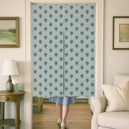 Feblilac Seigaiha Wave Green door curtain at a wooden door frame