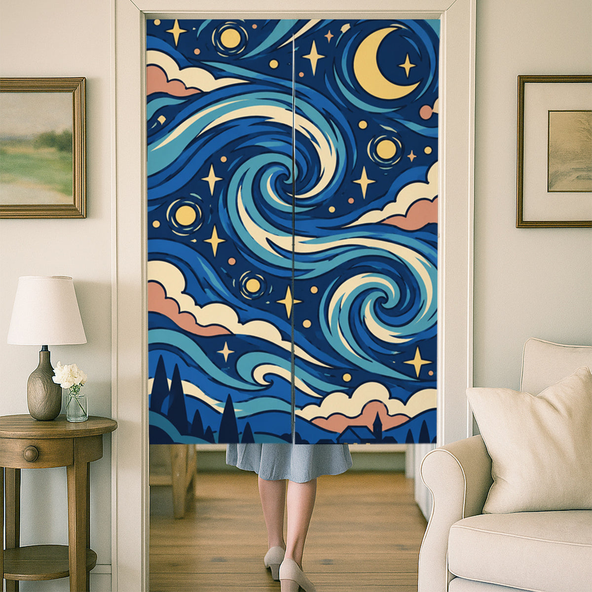 Feblilac Van Gogh Starry Night door curtain at a wooden door frame