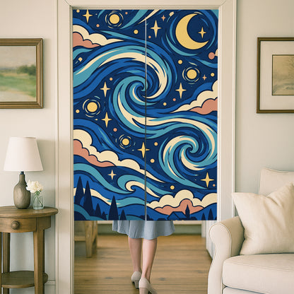 Feblilac Van Gogh Starry Night door curtain at a wooden door frame
