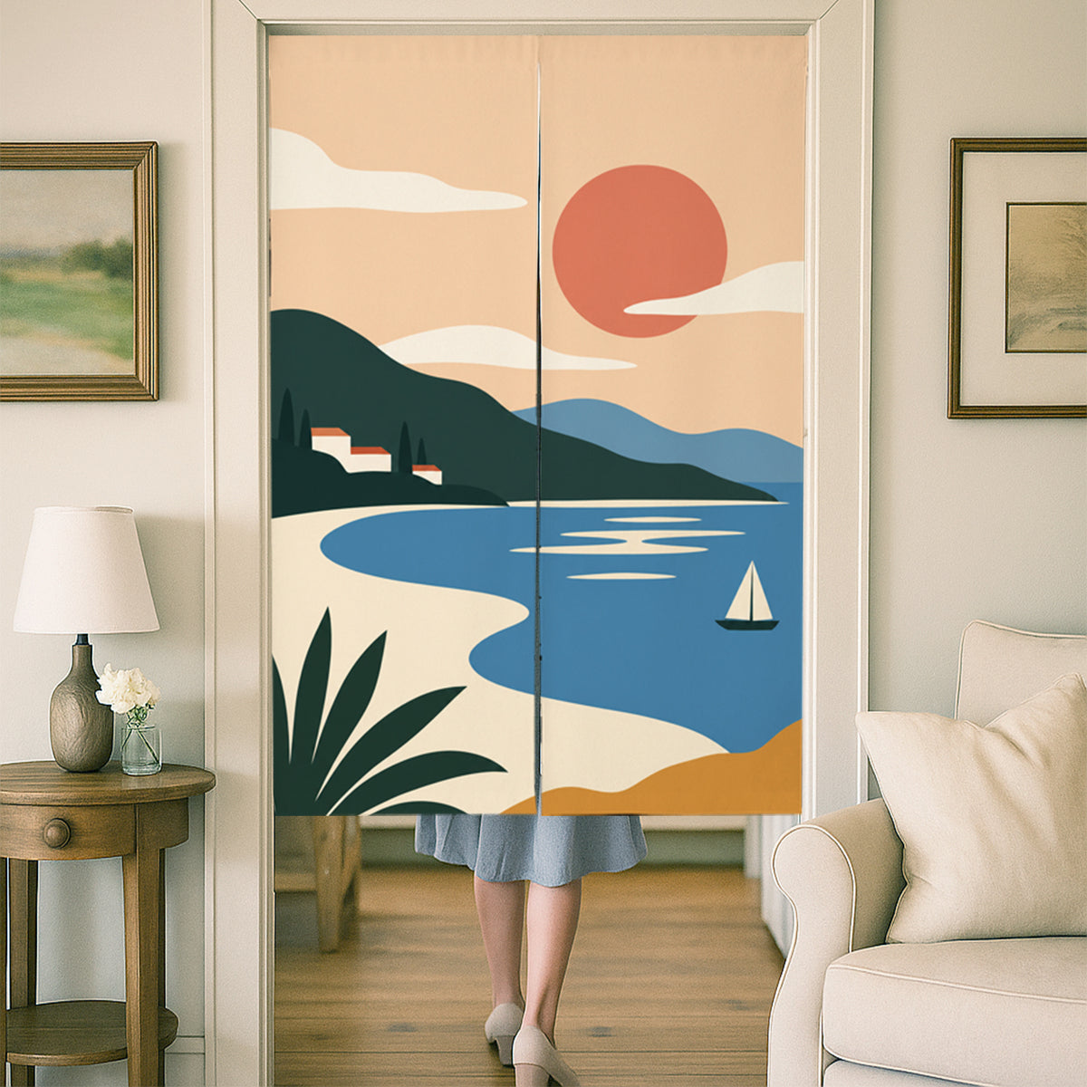 Feblilac Minimal Landscape door curtain at a wooden door frame