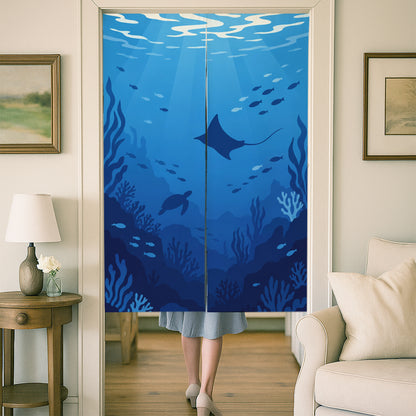Feblilac Deep Sea Whale door curtain at a wooden door frame