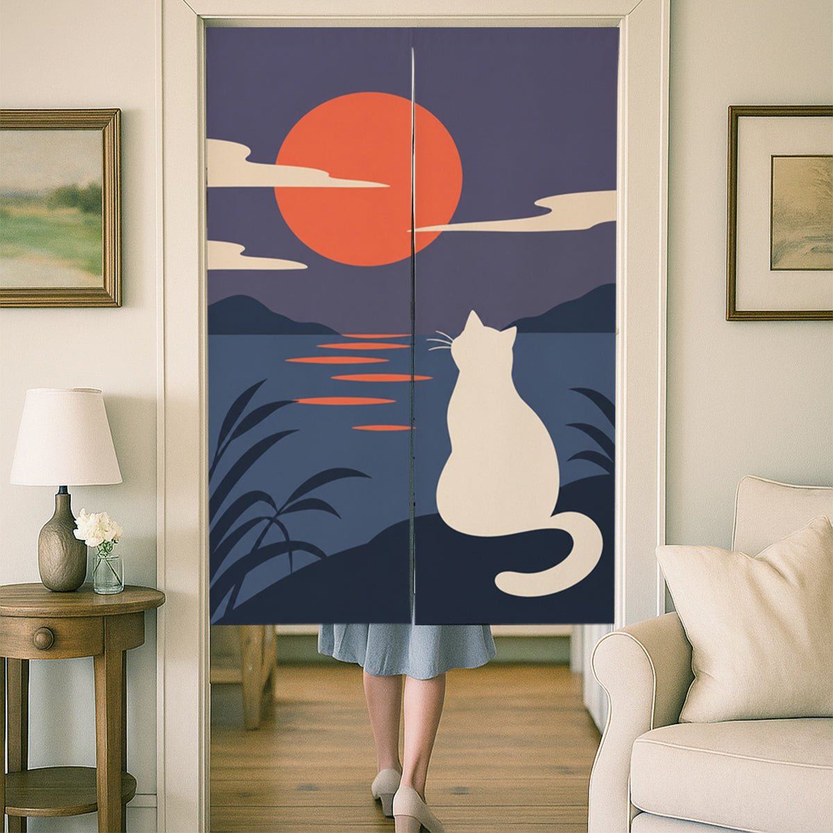 Feblilac Cat at Sunset door curtain at a wooden door frame