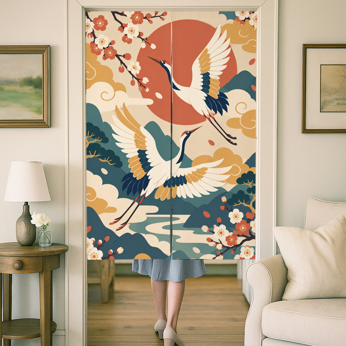 Feblilac Japanese Crane Blossom door curtain at a wooden door frame