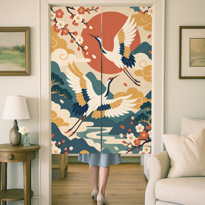 Feblilac Japanese Crane Blossom door curtain at a wooden door frame