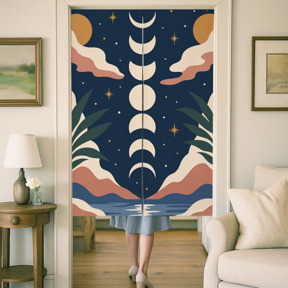 Feblilac Moon Phases door curtain at a wooden door frame