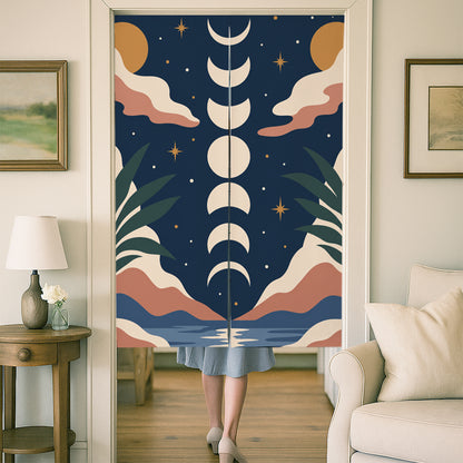 Feblilac Moon Phases door curtain at a wooden door frame