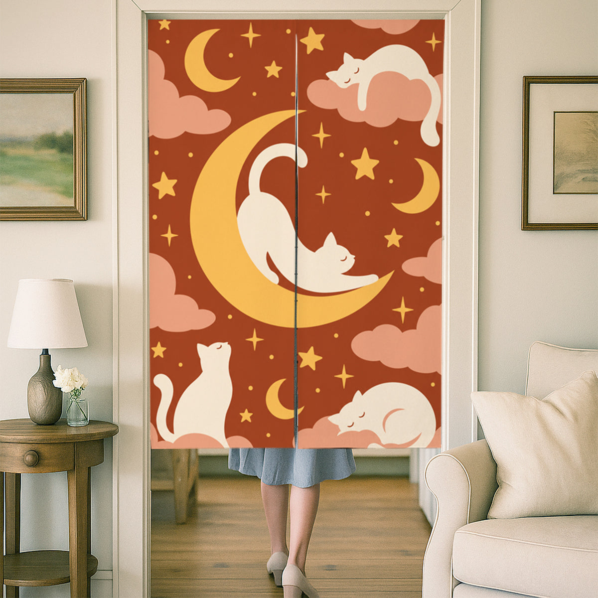 Feblilac White Cat and Moon door curtain at a wooden door frame