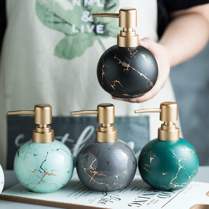 Feblilac Ceramic Soap Dispenser, Round Bottle for Kitchen Bathroom with Marble Texture - view 2