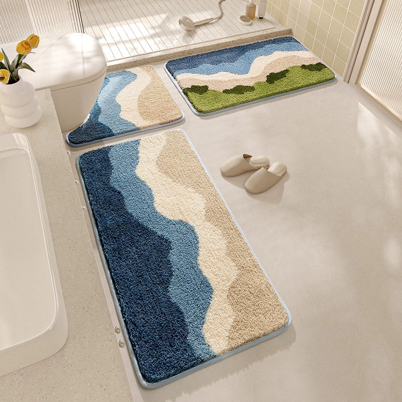 Feblilac Waves Tufted Bathroom Mat Toilet U-Shaped Floor Mat