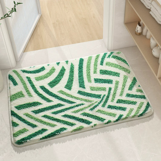 Feblilac Abstract Green Lines Bath Mat, Modern Leaves Art Rug for Bathroom