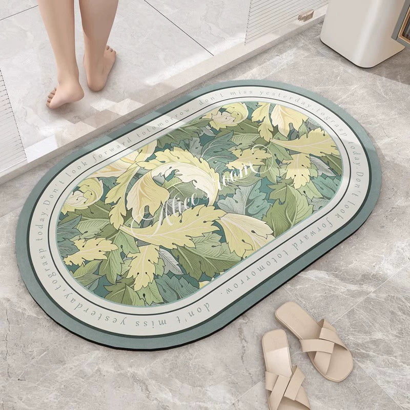 Feblilac Abstract Green Lines Bath Mat, Modern Leaves Art Rug for Bath