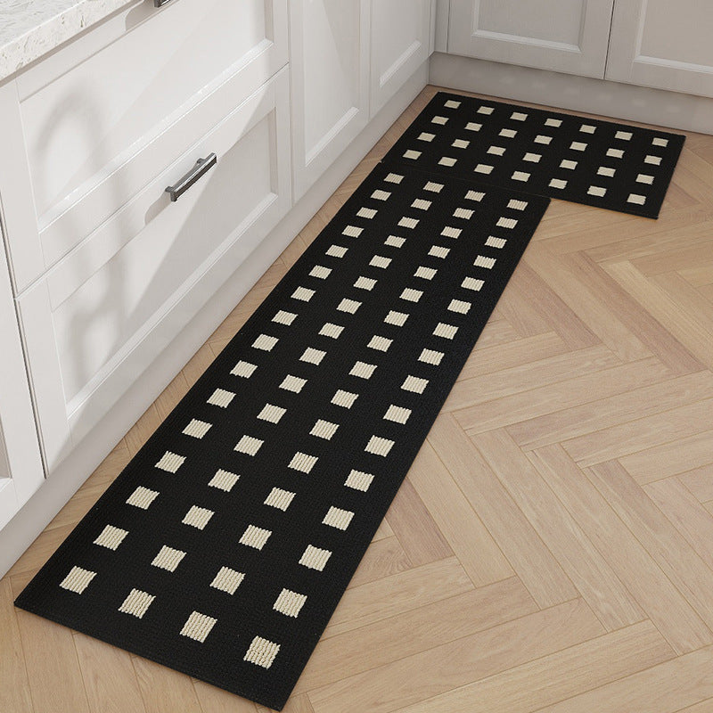 Feblilac Black Background Plaid Kitchen Mat, Waterproof and Oil-proof Carpet, Leave-in Washable, Wipeable, Lon