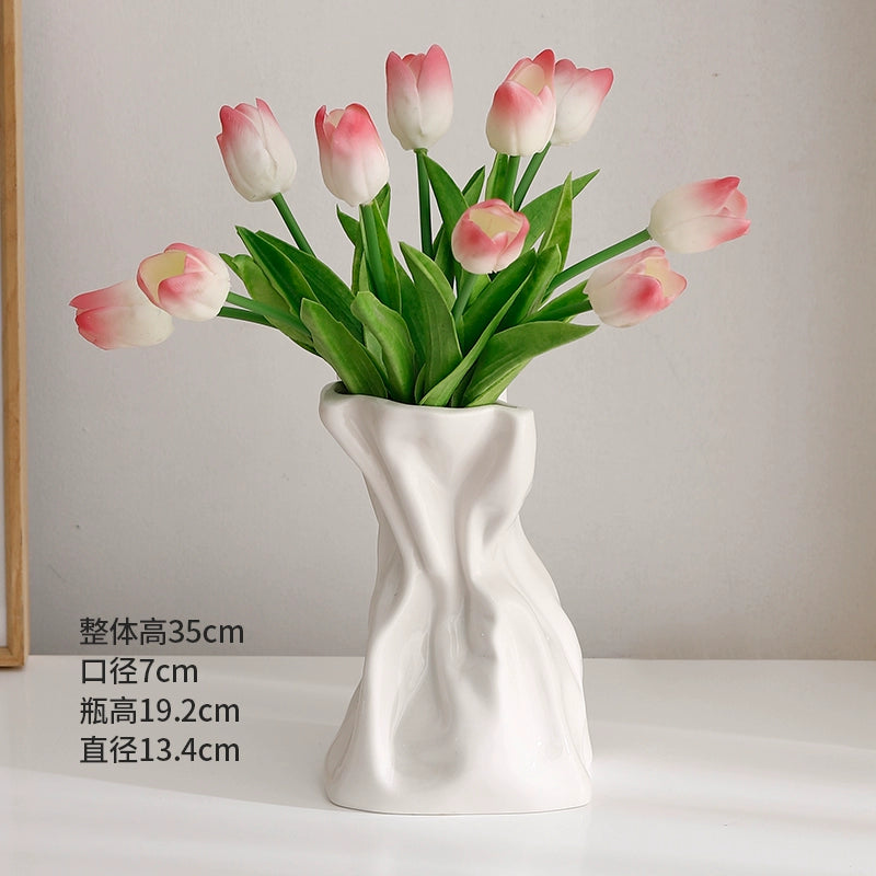 Feblilac Cream Wind Vase Ornament, Living Room Flower Arrangement, High-end Ceramic, White Light Luxury Folds, - view 30