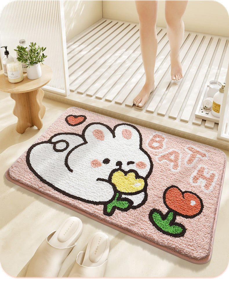 Feblilac Cute Animals Pink Rabbit and Flowers Tufted Bath Mat