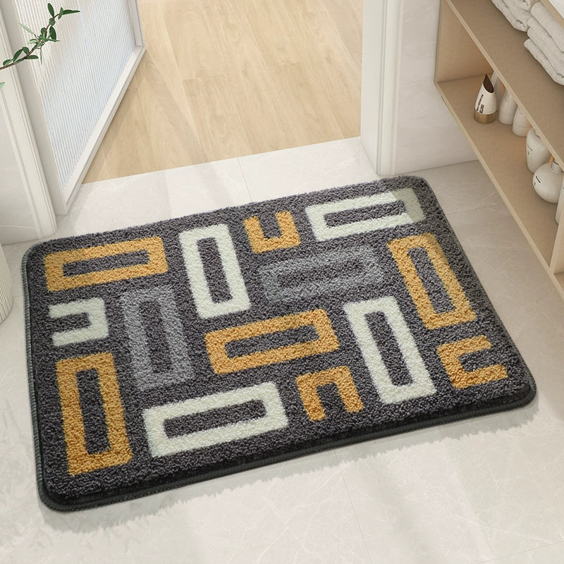 Feblilac Abstract Green Lines Bath Mat, Modern Leaves Art Rug for Bath